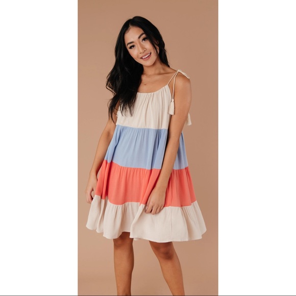 143 Story Color Block Tiered Mini Dress in Tan, Blue and Orange, Size Large - Picture 2 of 7